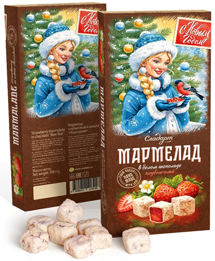  Сладарт(11621) Мармелад Новогодний "Снегурочка" Клубничный в белом шоколаде, 150г   в Видном